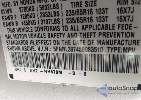 2005 Honda Odyssey Ex-L z USA, uszkodzony, nr VIN 5FNRL38745B083510